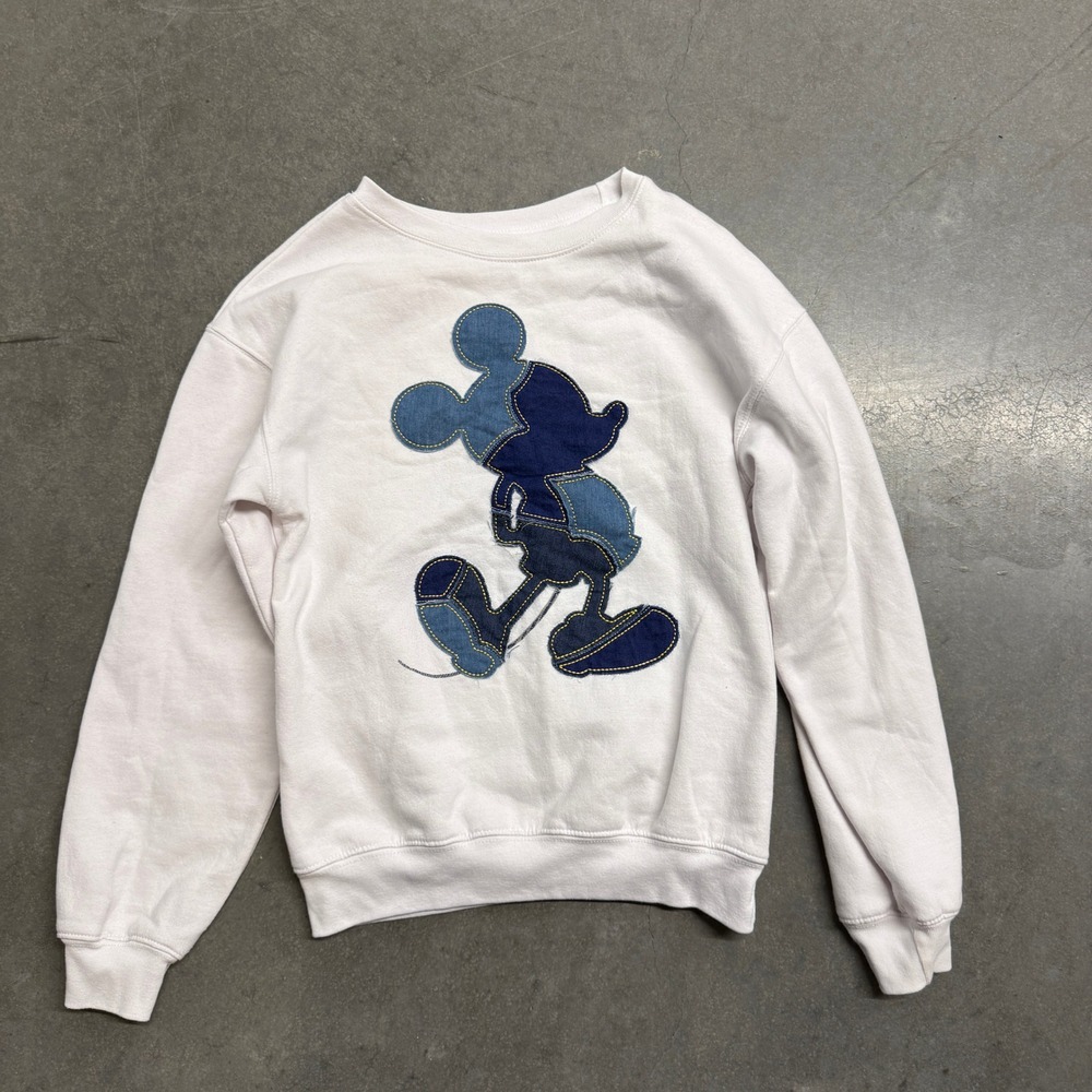 Disney Mickey Mouse White Sweatshirt Denim Patchwork Graphic Pullover XS